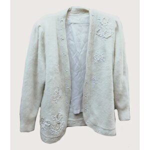 Womens Vintage Angora Ivory Pearl Beaded Embellished Cardigan Sweater Warm Cozy